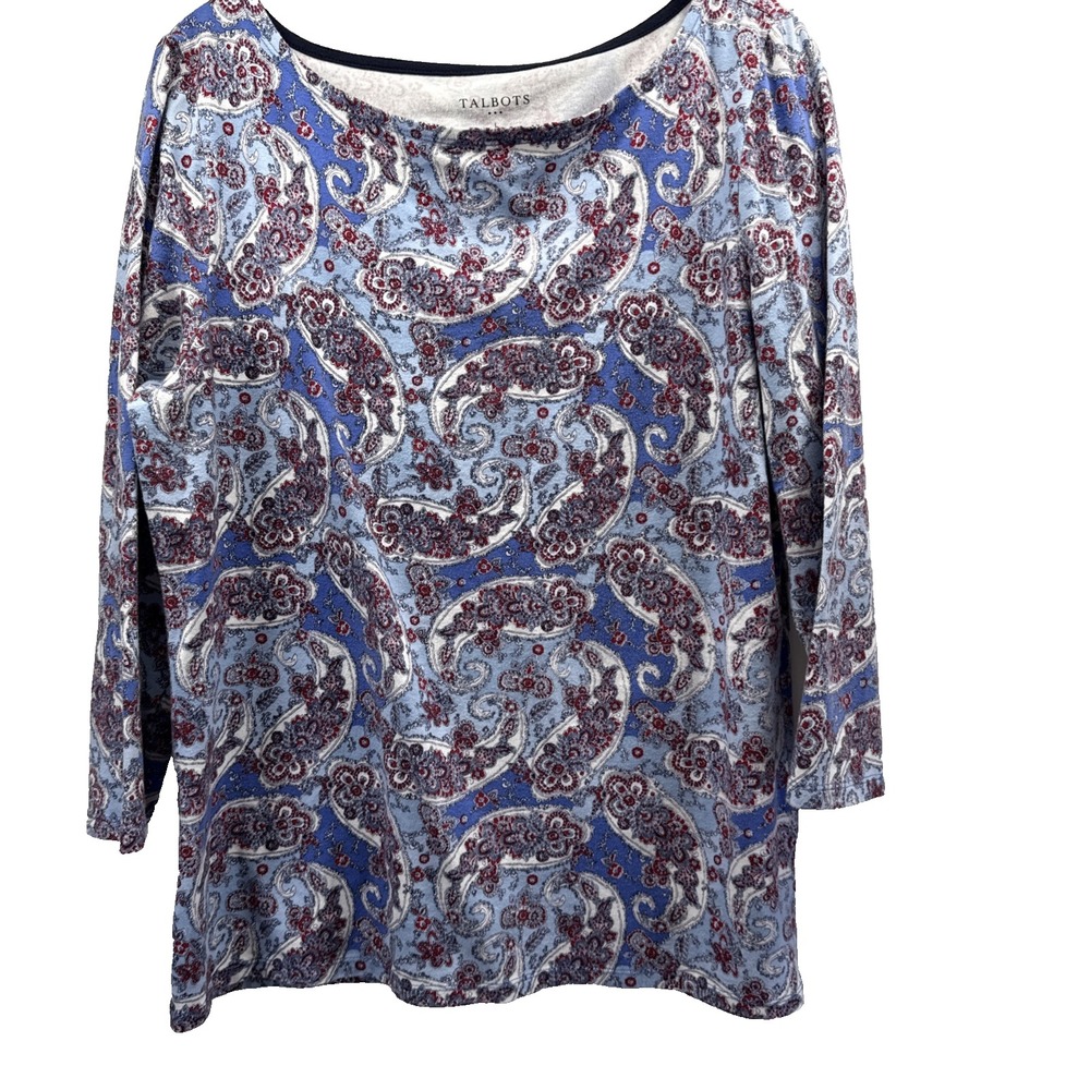 Talbots Womens Top Size Large Red Blue Paisley 3/4 Sleeves Cotton Blend Pullover